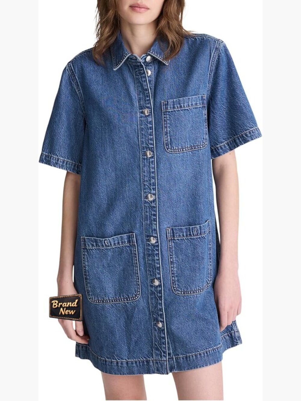 Short sleeve button front mini denim shirt dress with patch pockets - Picture 1 of 5
